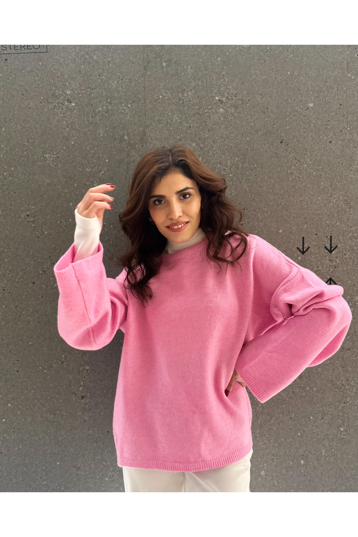 Kadın Pembe Oversize Bisiklet Yaka Triko Kazak