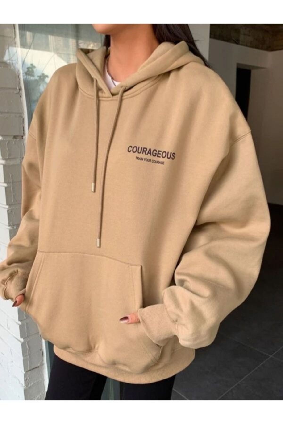 Women's Beige Courageous Star Printed Hoodie Sweatshirt