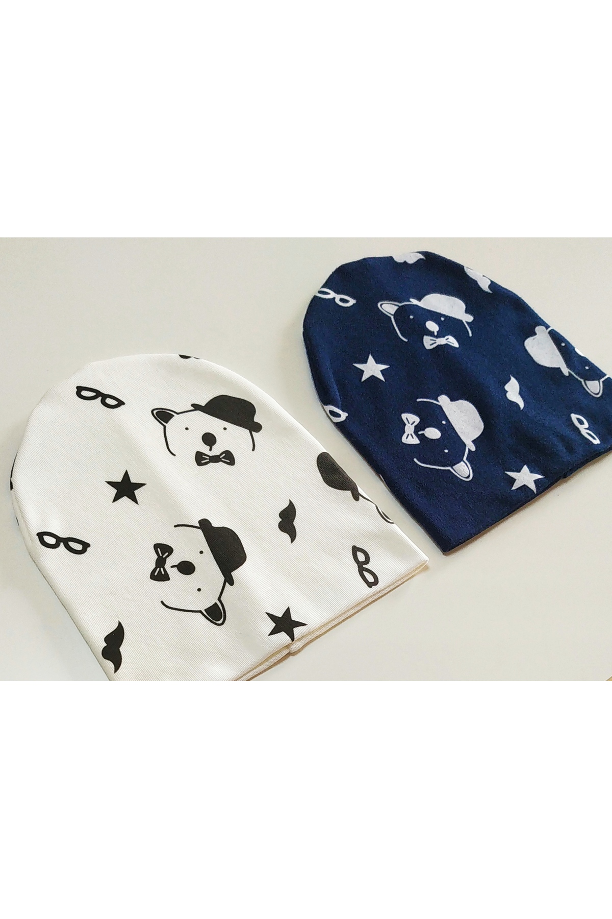 neocotton Çift Katlı Pamuklu Şapkalı Ayı Baskılı 2'li Penye Bebek Çocuk Bere fotoğrafı 4 (önizleme)