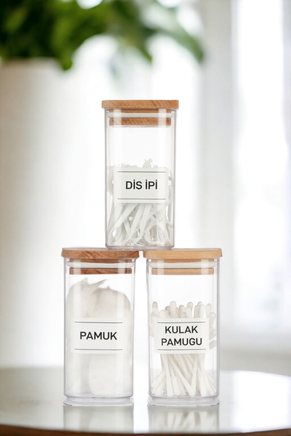 Comprox 3-Piece Acrylic Cotton Ear & Cotton & Floss Organizer with Wooden Cover 300 Ml Bathroom Set