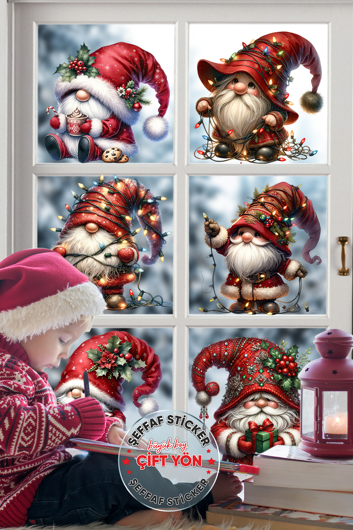 PANDA SOKAĞI Yeni Yıl Konseptli ÇİFT YÖN ŞEFFAF Şapkalı Noel Adamlar Cam Duvar Yılbaşı Süsü Sticker Seti fotoğrafı 2 (önizleme)