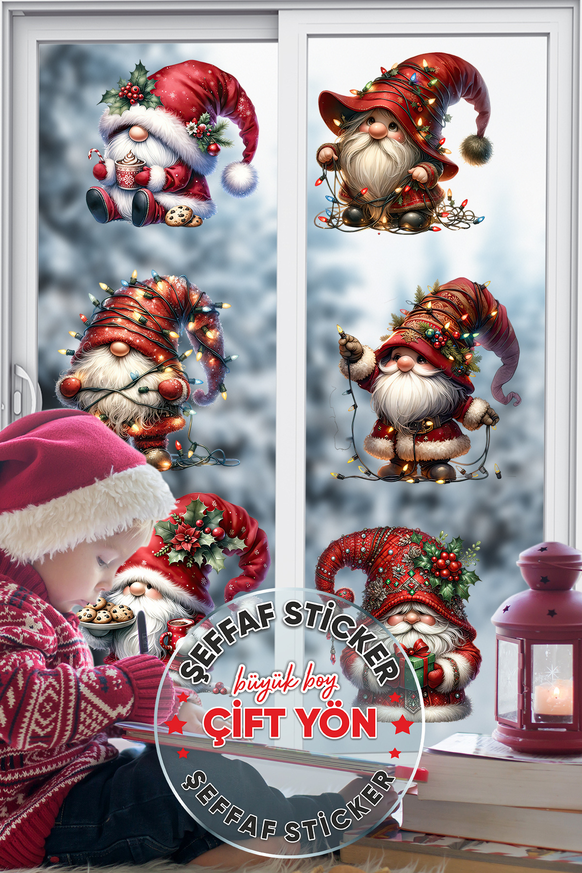 PANDA SOKAĞI Yeni Yıl Konseptli ÇİFT YÖN ŞEFFAF Şapkalı Noel Adamlar Cam Duvar Yılbaşı Süsü Sticker Seti fotoğrafı 4 (önizleme)