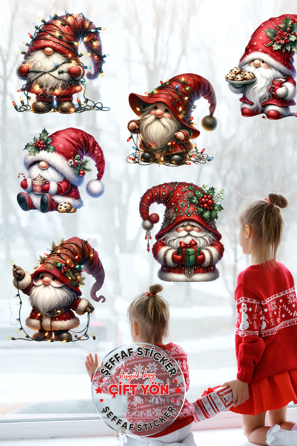 PANDA SOKAĞI Yeni Yıl Konseptli ÇİFT YÖN ŞEFFAF Şapkalı Noel Adamlar Cam Duvar Yılbaşı Süsü Sticker Seti fotoğrafı 3 (önizleme)