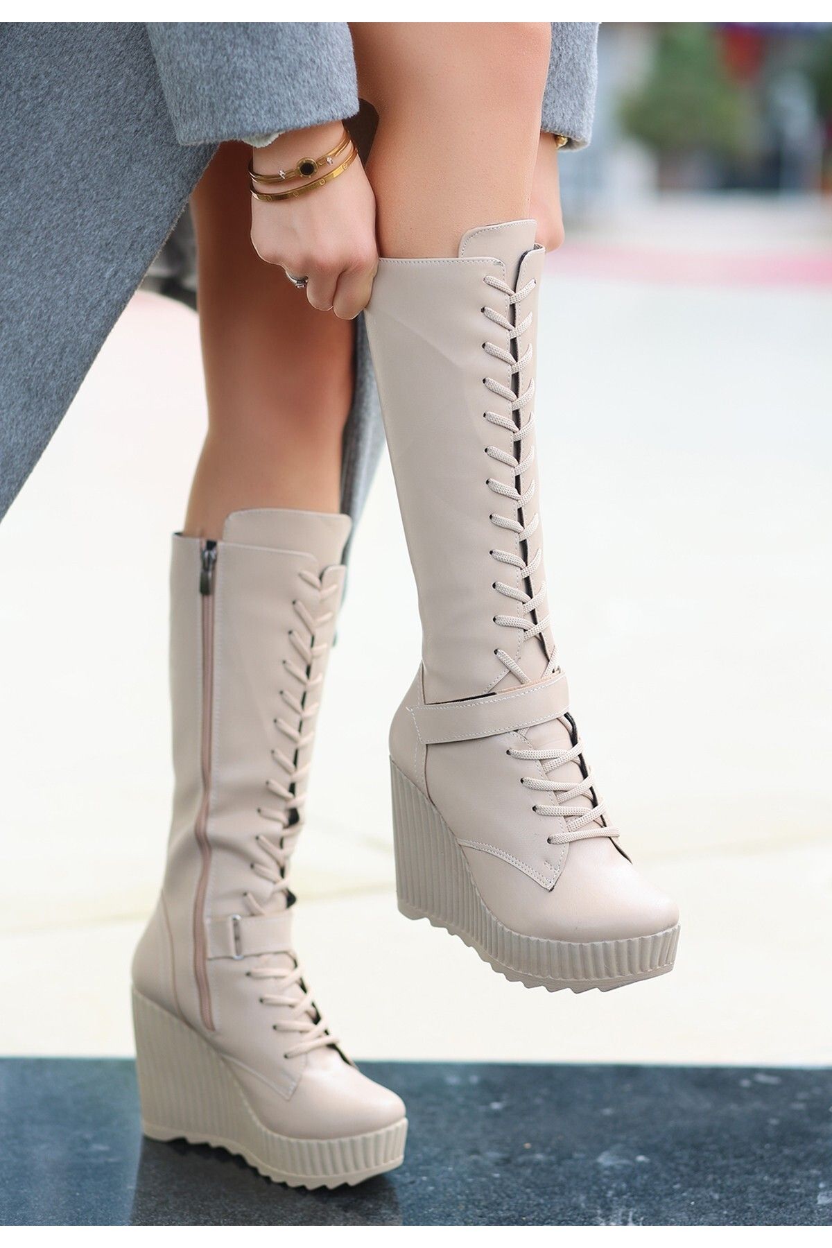 Lace up wedge boots knee high store