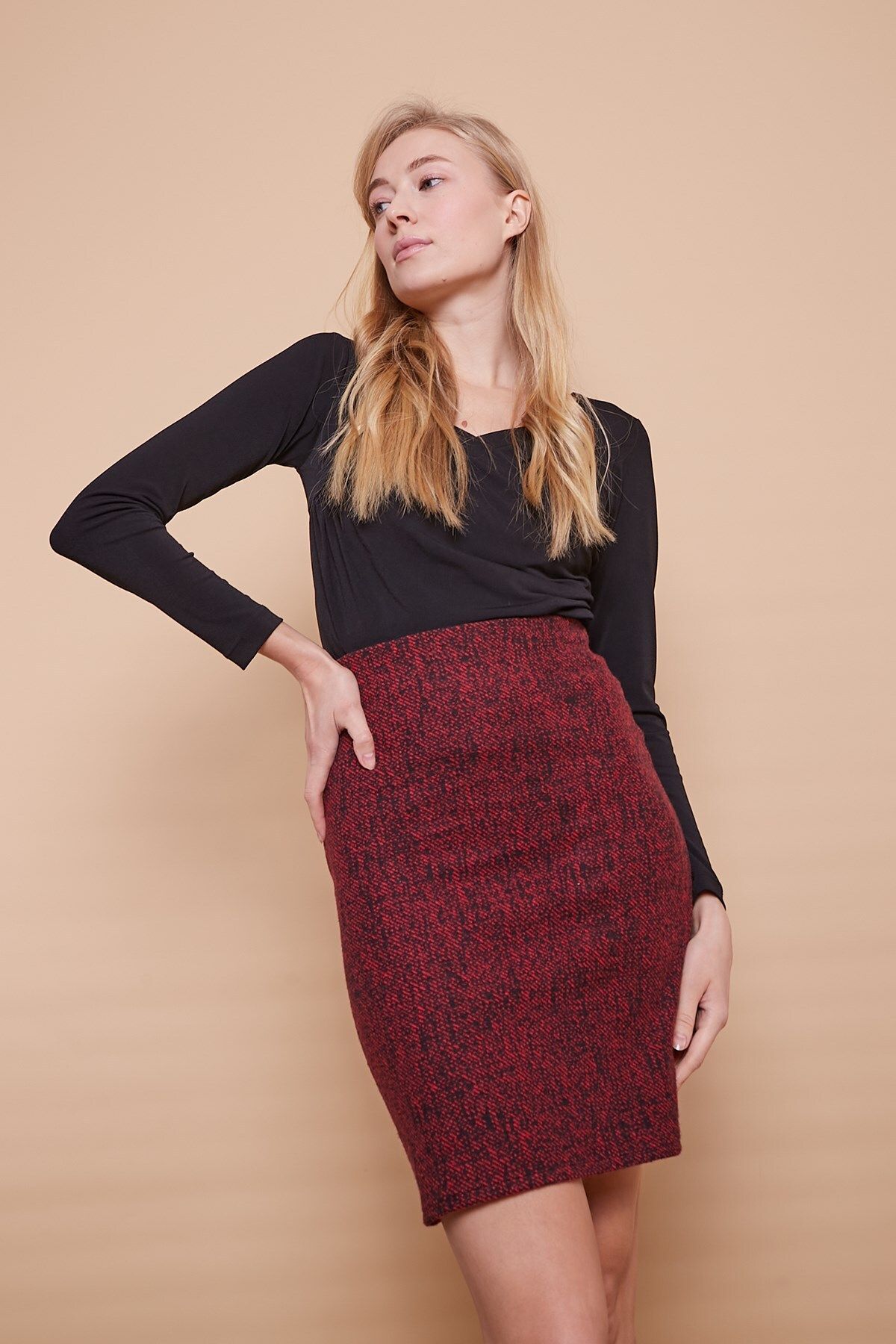 Jument Winter Lycra Woolen Fabric High Waist Above Knee Pencil