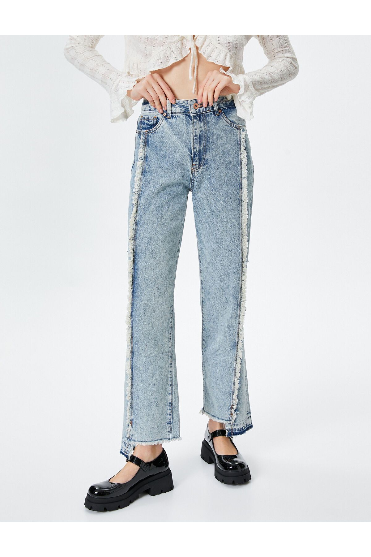 Koton شلوار جین منگوله ای با ساق نامتقارن راست، جیب پنبه کمر استاندارد - ایو