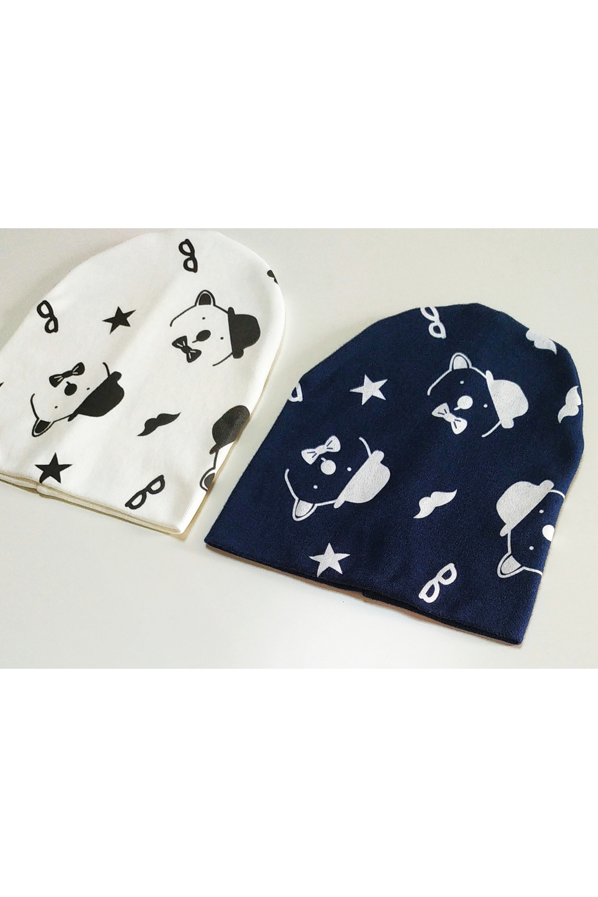 neocotton Çift Katlı Pamuklu Şapkalı Ayı Baskılı 2'li Penye Bebek Çocuk Bere fotoğrafı 5 (önizleme)