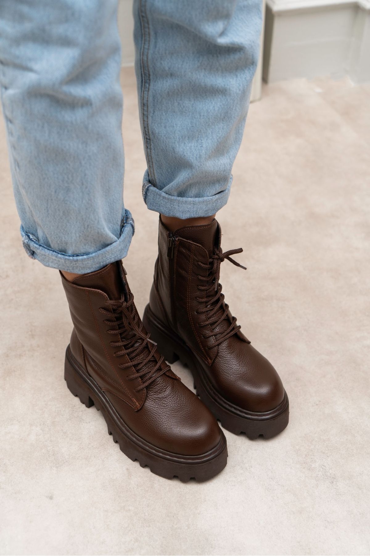 N ANTA I SHOES Juniper Brown Genuine Leather Heeled Lace Up