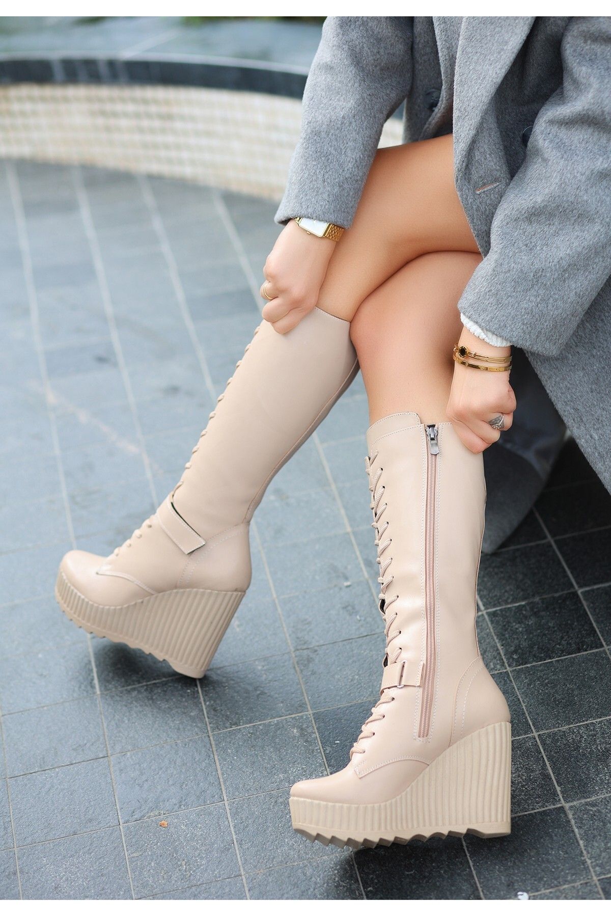 Platform wedge sale knee high boots
