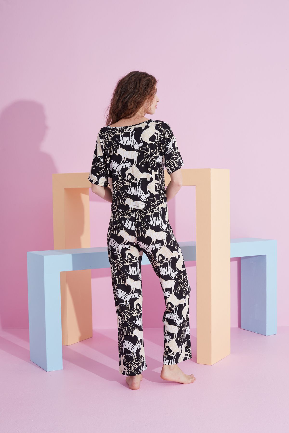 Siyah İnci-zebra patterned Lycra Knitted Pajama Set 3