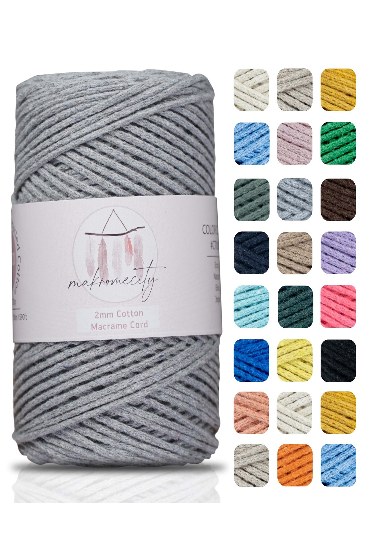 Makromecity Premium Koton Pamuk Makrome Ipi Gri 200 gr 150 Metre 2mm Cotton Zincir Makrome Çanta Ipi Supla Ipi