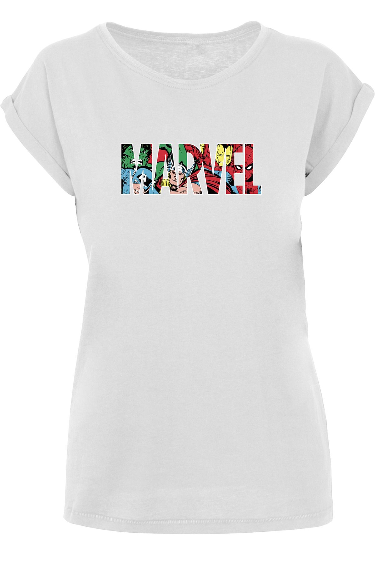 F4NT4STIC Damen Marvel Avengers Logo-Charakterfüllung verlängerter Farbe - mit mit Trendyol Schulter – Damen-T- Shirt
