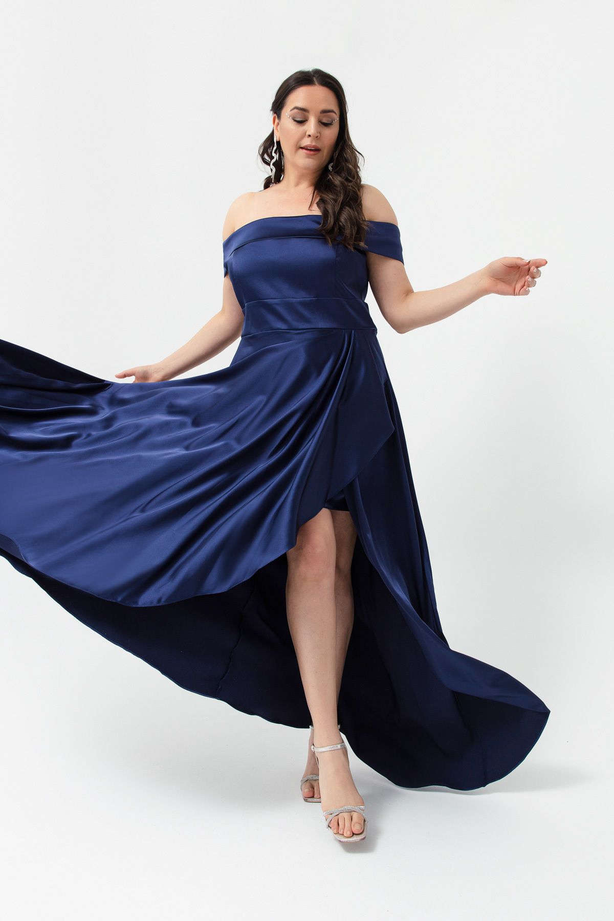 Lafaba Women s Navy Blue Boat Neck Plus Size Satin Evening Dress