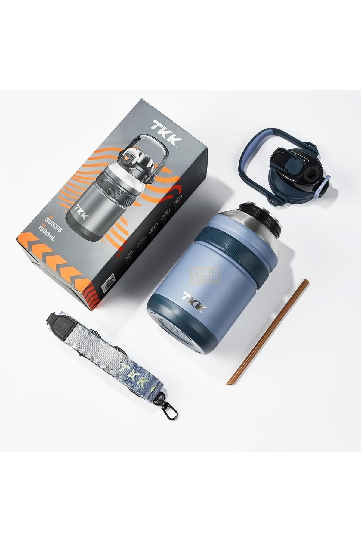 فلاسک آبی مجموعه TKK جدید Mega Boy 1500ml pipetli Vagonlife