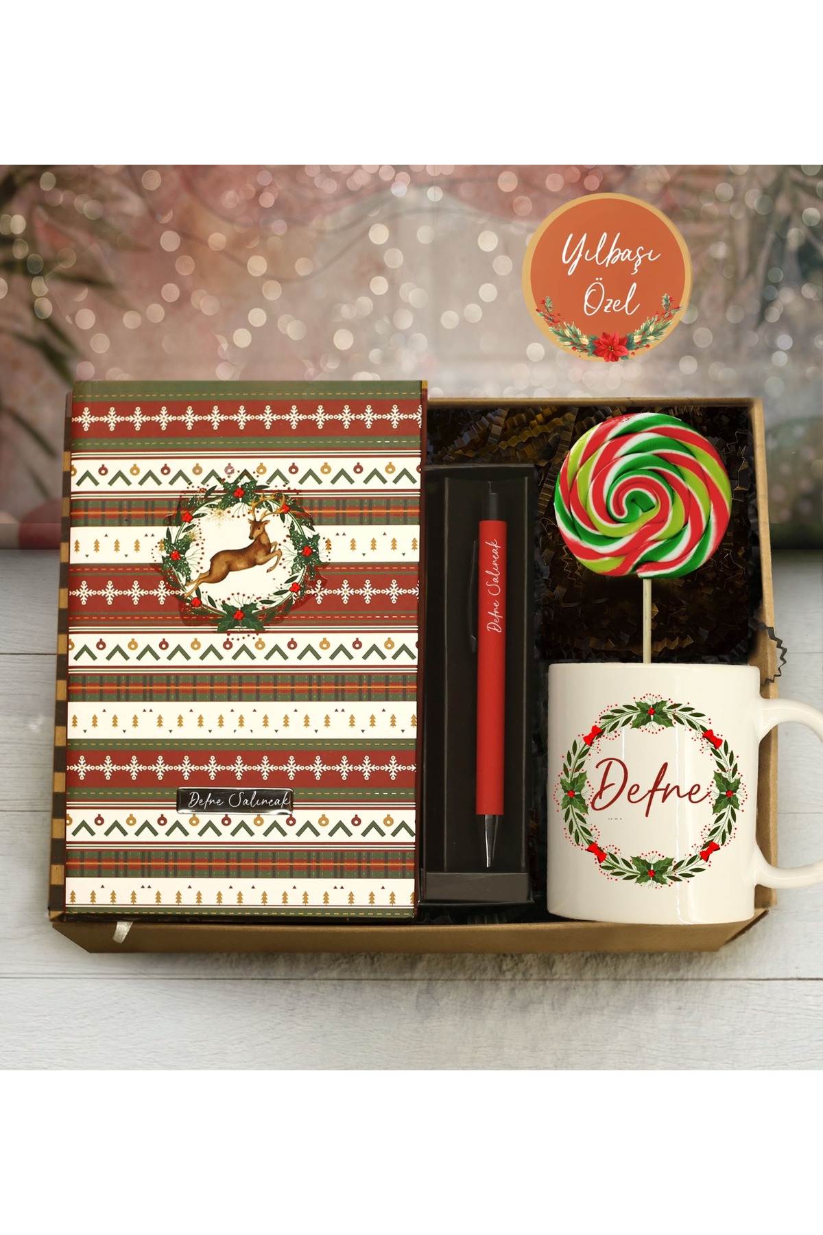 NEW YEAR'S SPECIAL Personalized New Year's Themed Notebook & Ballpoint Pen & Printed Mug & High Society Candy Set
