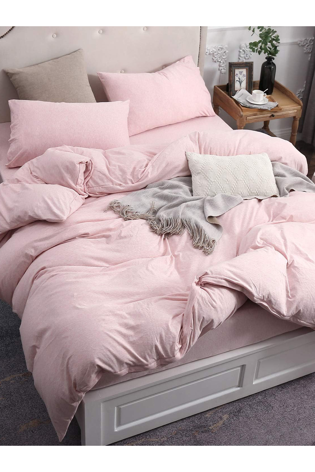 CAQQA Soft Pink Çift Kişilik Çarşafı Lastikli Pamuk Nevresim Takımı 3