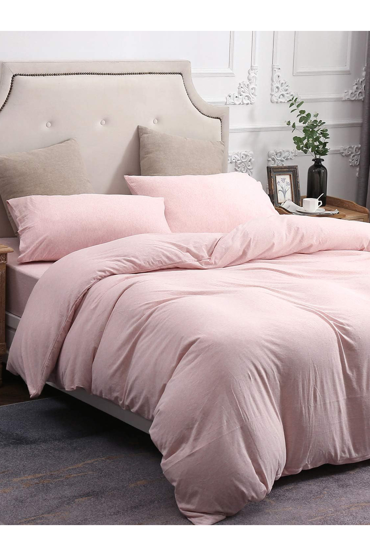 CAQQA Soft Pink Çift Kişilik Çarşafı Lastikli Pamuk Nevresim Takımı 6