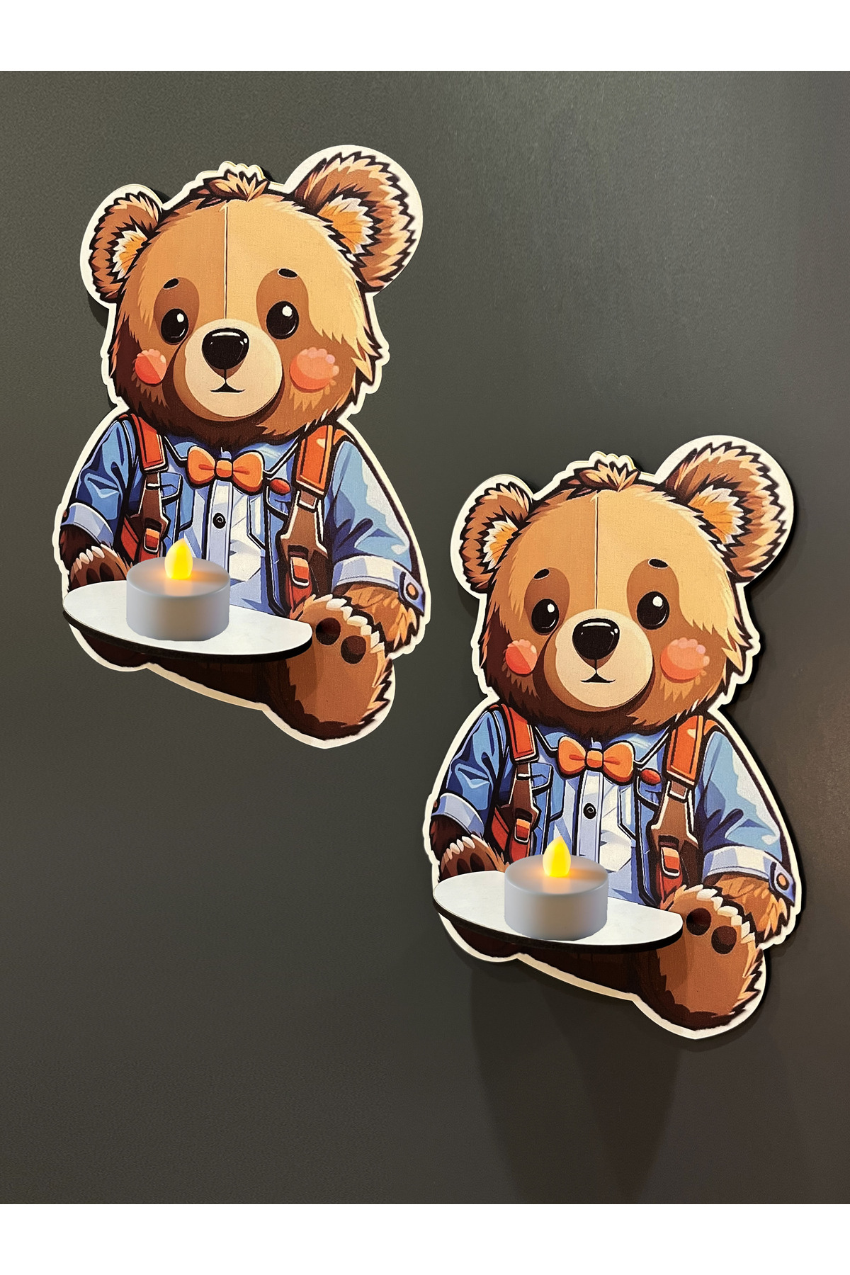 Wooden 2-Piece Montessori Shelf Set Teddy Bear - Kids Room Design UV Printed Decorative Shelf Set
