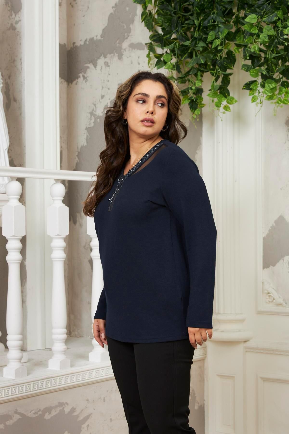 Rmg Plus Size Navy Blue Blouse with Stone Collar and Tulle Detail