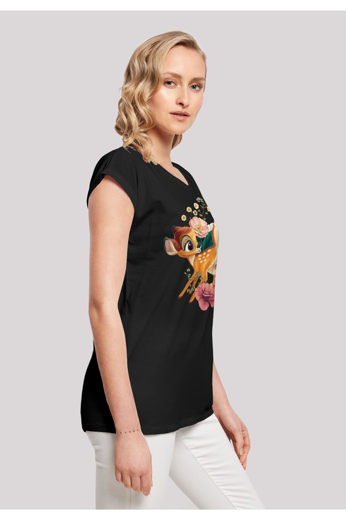 F4NT4STIC Damen - mit Trendyol Schulter Bambi verlängerter Meadow Damen-T-Shirt Disney mit