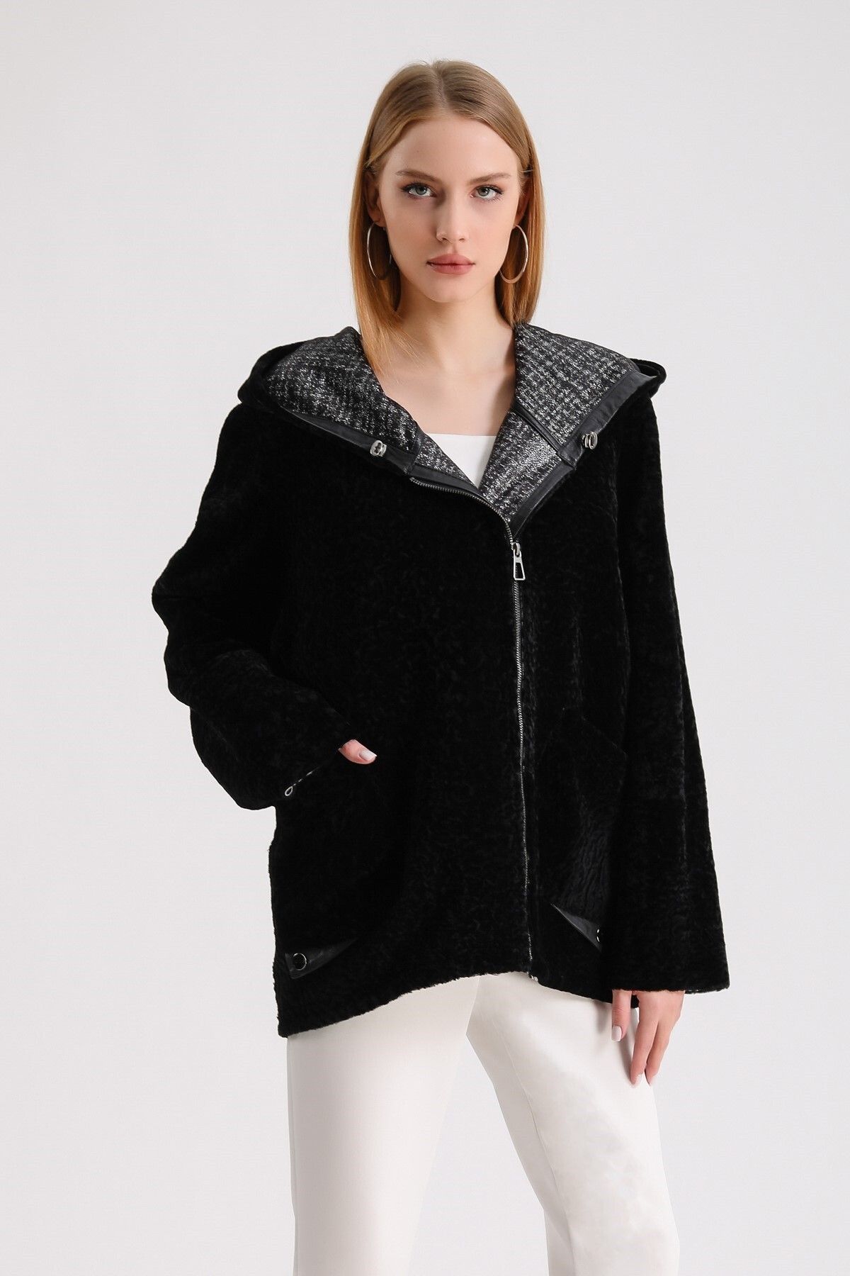 Leather Club-Black Leather Garnished Astrakhan Fur Coat 1