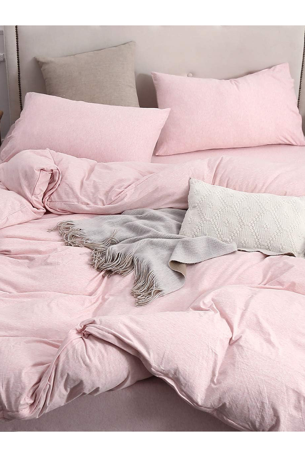 CAQQA Soft Pink Çift Kişilik Çarşafı Lastikli Pamuk Nevresim Takımı 4
