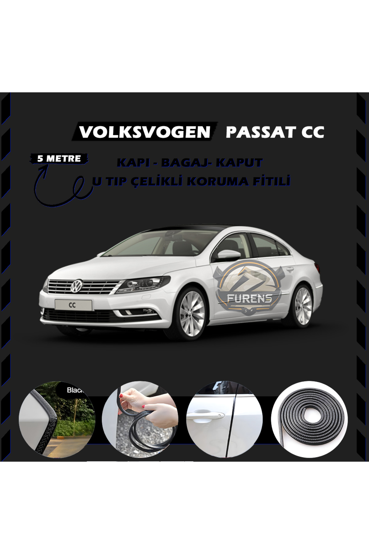 STS Oto Aksesuar Volksvogen Passat cc Oto Araç Kapı Koruma Fitili 5metre Parlak Siyah Renk