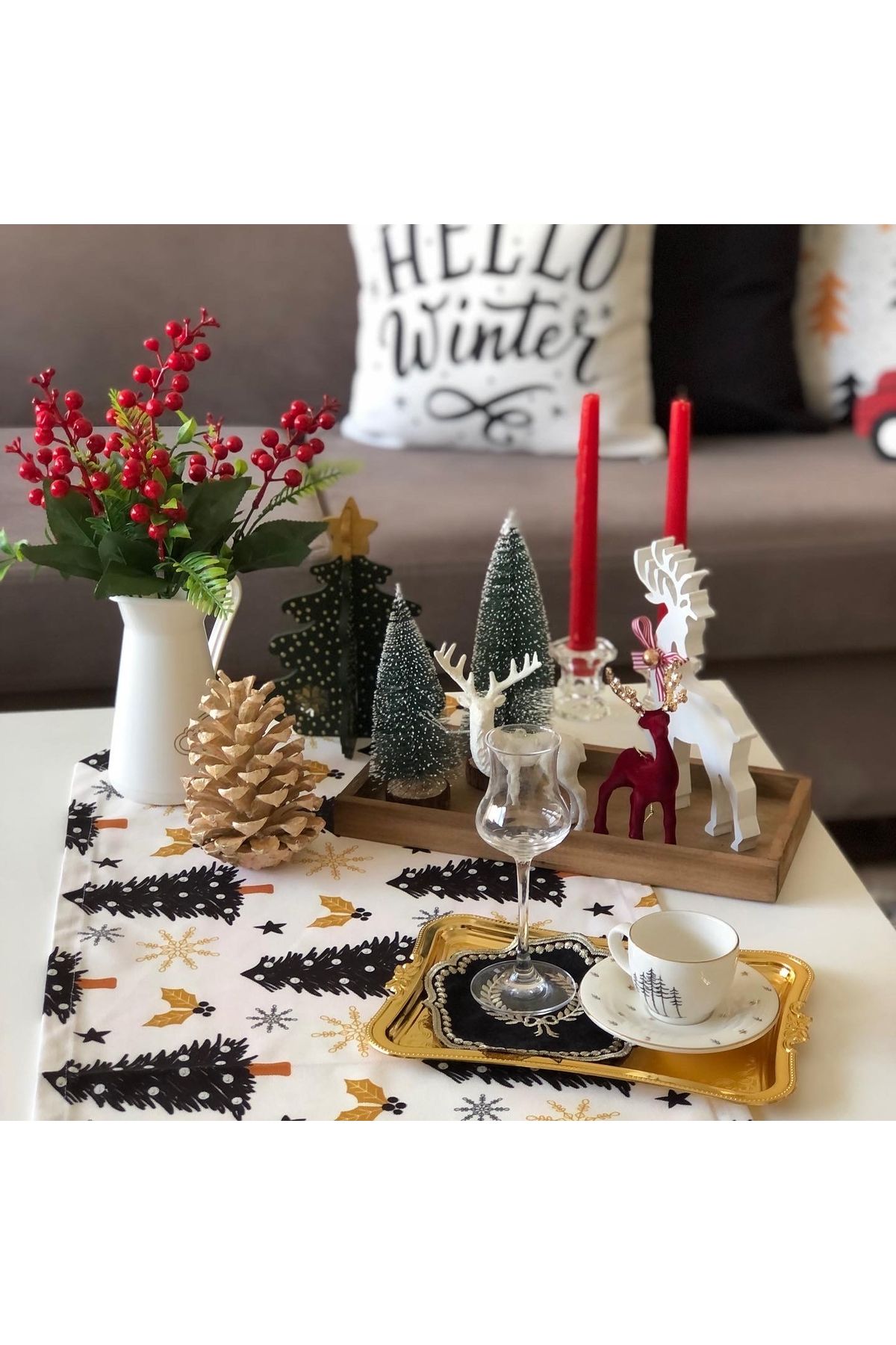 Ayd Home-Black and White Christmas Runner - Christmas Table with Tree Pattern, Table 35X135 cm 1
