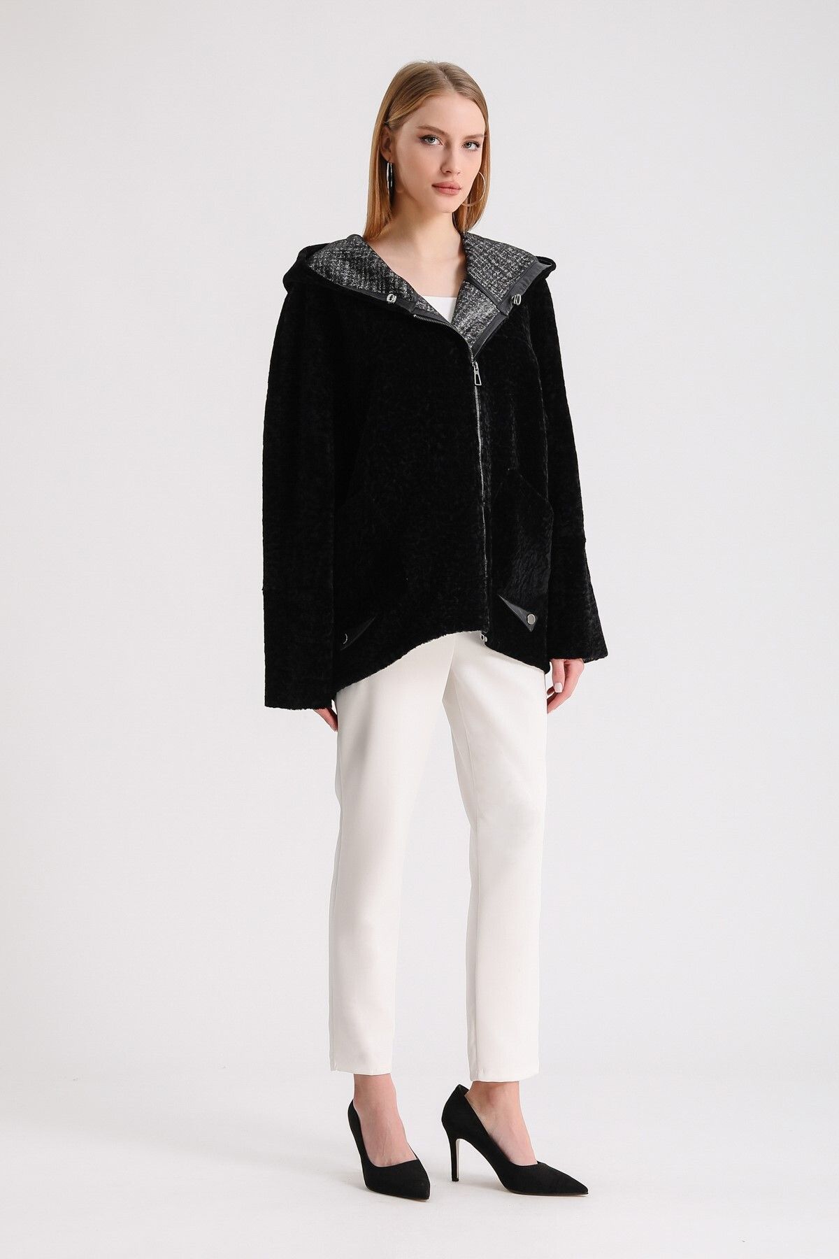 Leather Club-Black Leather Garnished Astrakhan Fur Coat 2