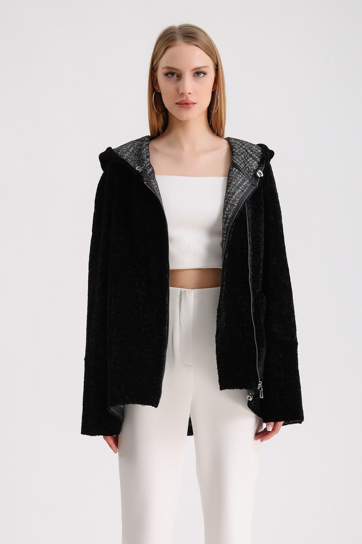Leather Club-Black Leather Garnished Astrakhan Fur Coat 3