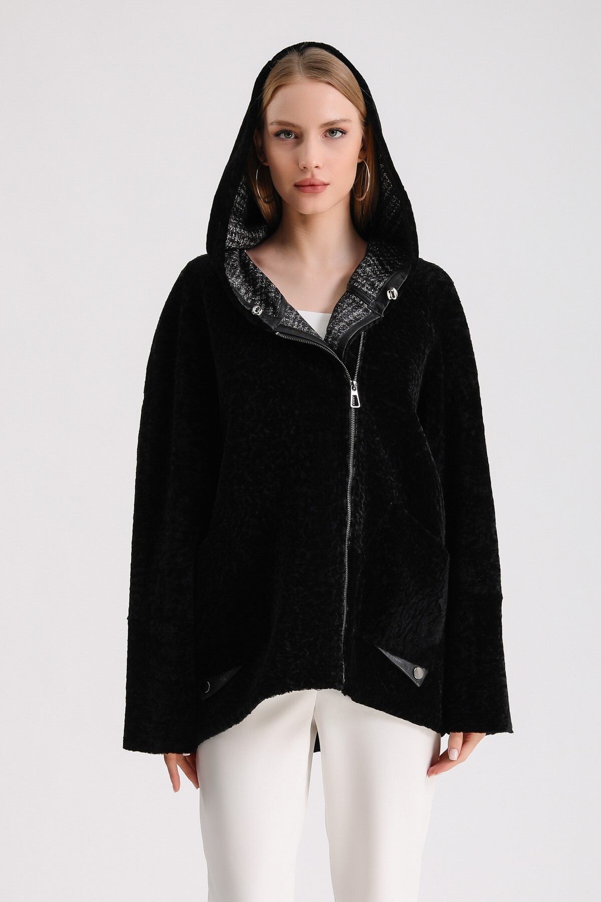 Leather Club-Black Leather Garnished Astrakhan Fur Coat 4