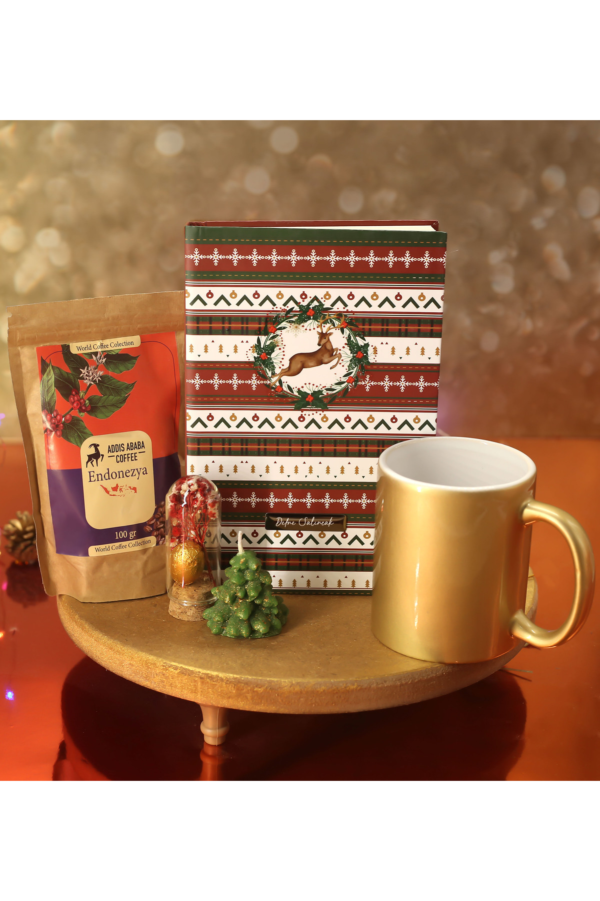 NEW YEAR'S SPECIAL Personalized New Year's Themed Notebook & Gold Mug & Espresso Coffee & Chocolate & Candle Set