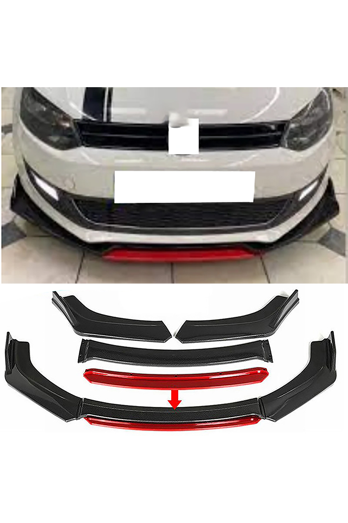 MKG Otomotiv Vw Polo MK5 Uyumlu Kırmızı Renkli Şeritli Dilli Ön Lip 4 Prç Parlak Siyah ABS