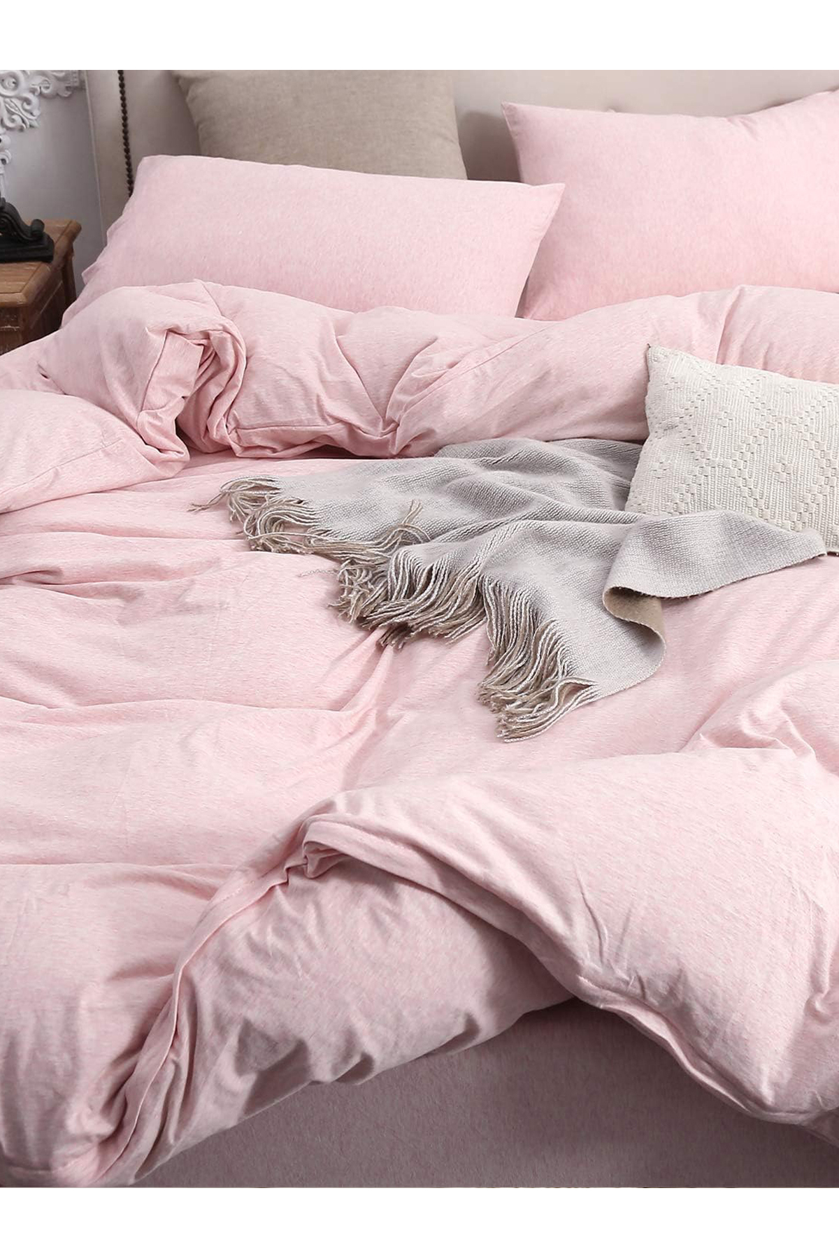 CAQQA Soft Pink Çift Kişilik Çarşafı Lastikli Pamuk Nevresim Takımı 2