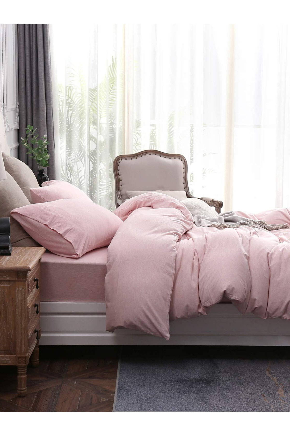 CAQQA Soft Pink Çift Kişilik Çarşafı Lastikli Pamuk Nevresim Takımı 5