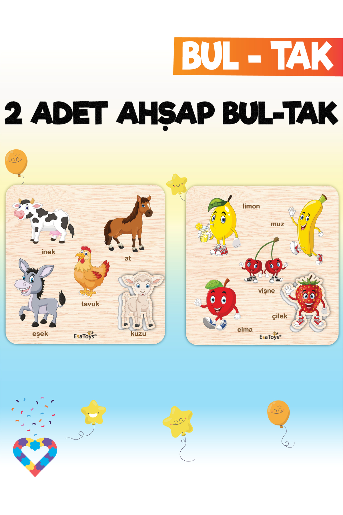 بازی آموزشی دو تکه حیوانات و میوه‌ها با درپوش