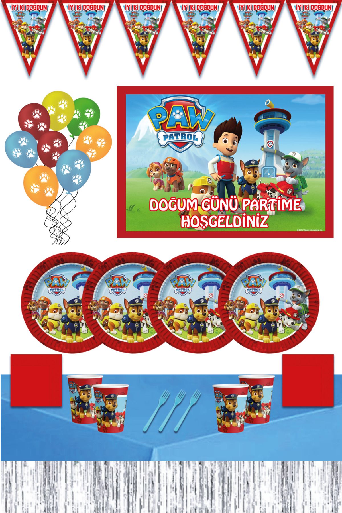 P PARTİ ALEMİ-Paw Patrol 70x100 Banned Table Skirt 40-Person Birthday Party Supplies Set 1