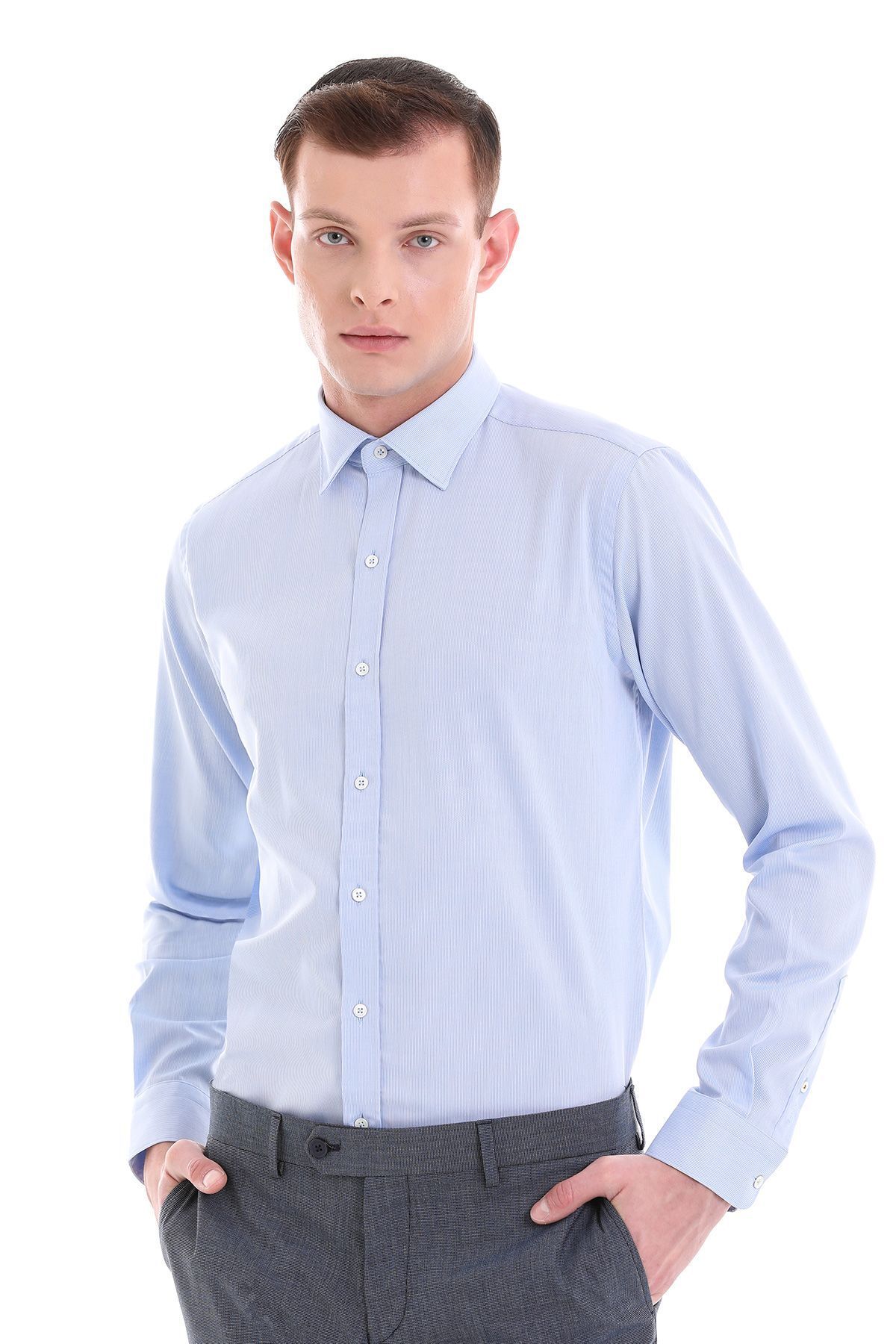 Hatemoğlu Mavi Comfort Fit Desenli 100% Pamuklu Slim Yaka Uzun Kollu Spor Gömlek