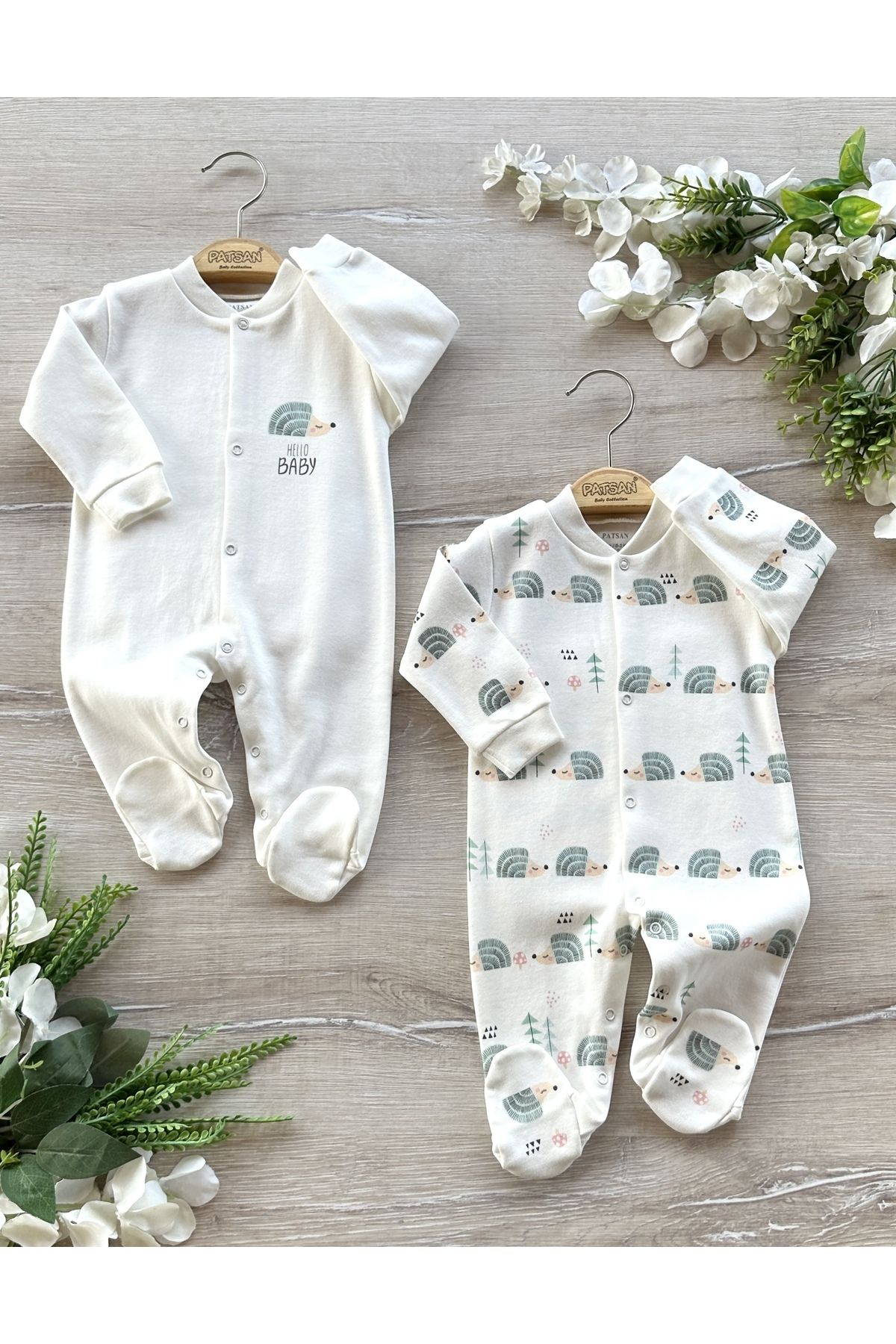 Renkli Puset-Organic Cotton 2-Piece Baby Rompers with Booties Set Hedgehog 3