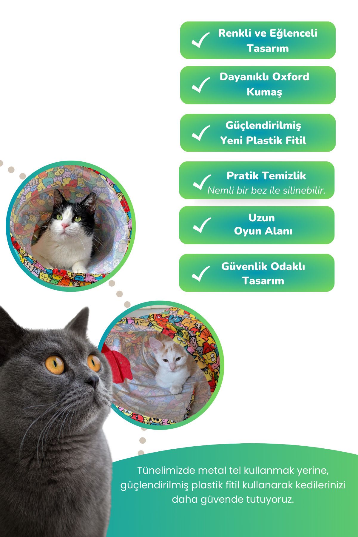 Miyav Katlanabilir Uzun Kedi Tüneli 125 Cm Oxford Kumaşlı Dayanıklı Tünel Renkli Desenli Kedi Oyun Alanı
