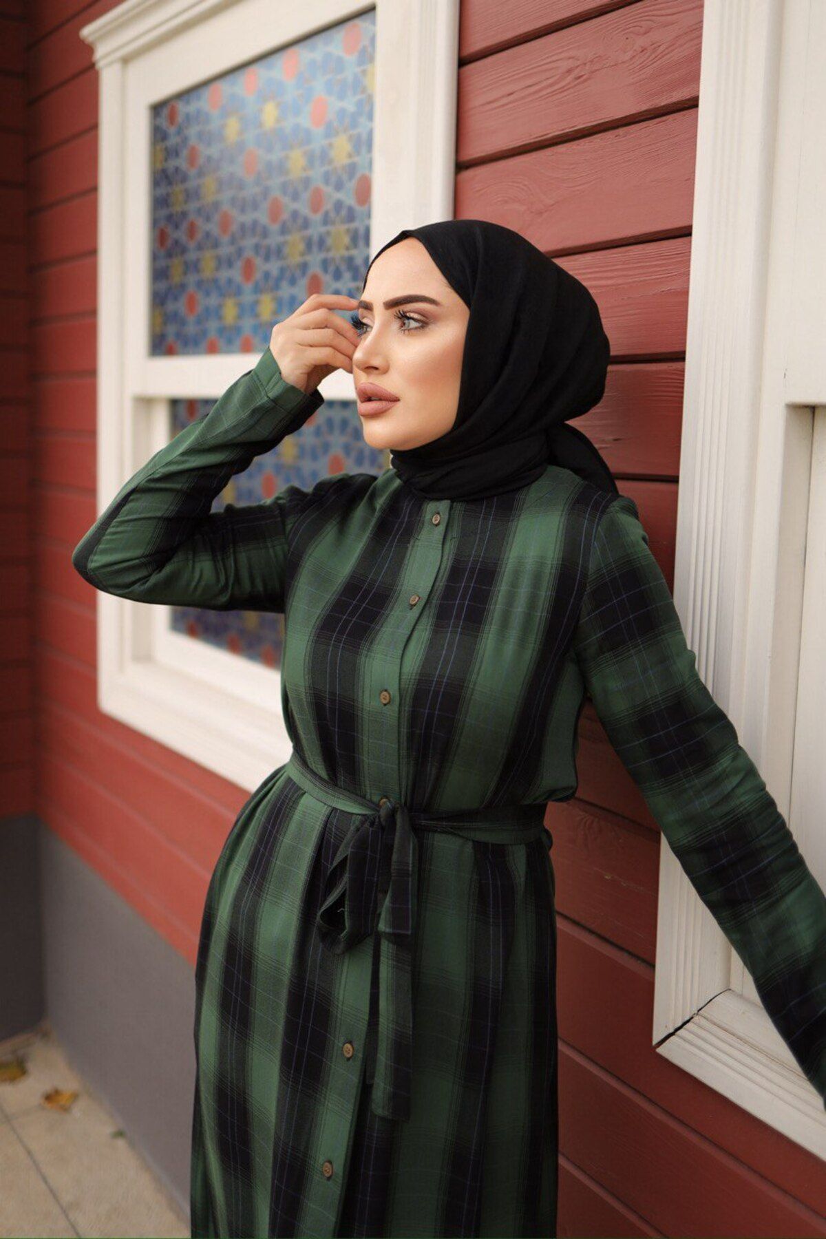 BHR STORE-GREEN PLAID SHIRT DRESS 2