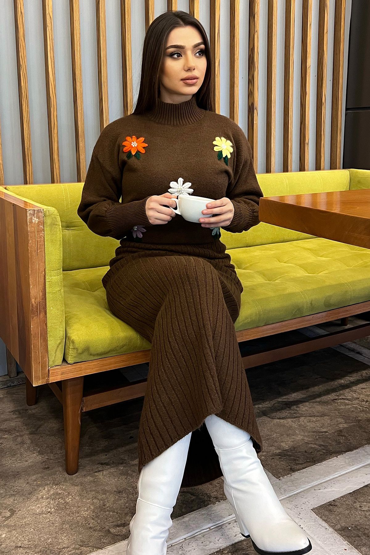 GÜLSELİ-Brown Women's Half Turtleneck Embroidered Knitwear Blouse Dress Double Set 3