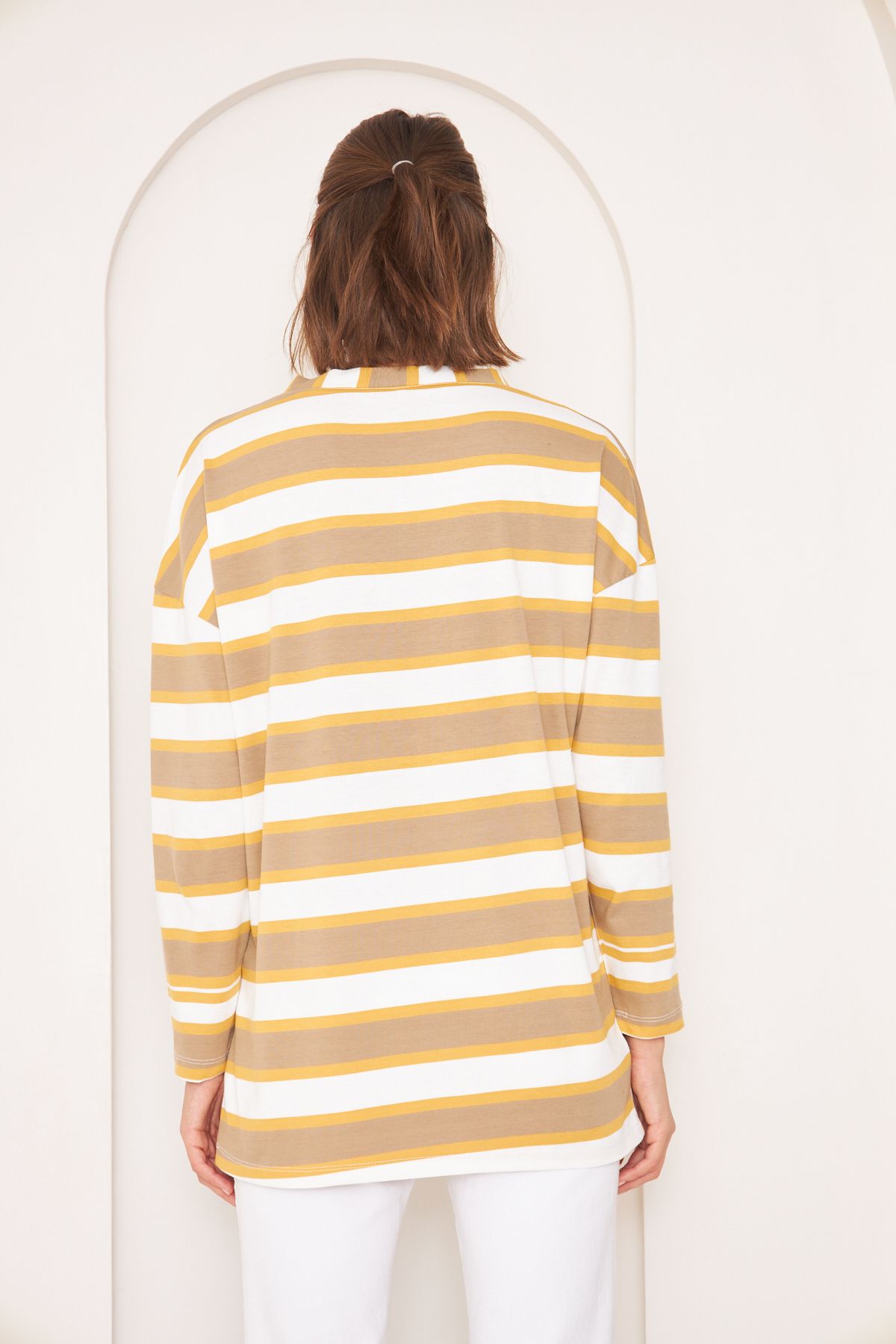 THEGEST-WOMEN'S :BORDO STRIPED V-NECK BASIC KNITTED T-SHIRT 4
