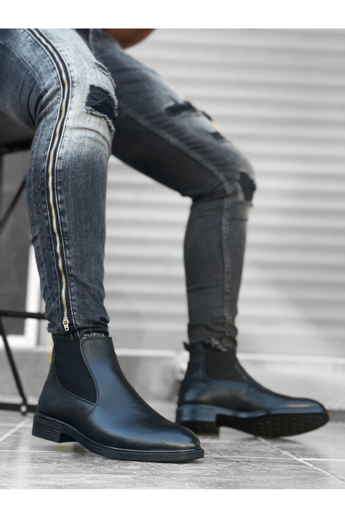BOA BA0211 Genuine Leather Chelsea Laceless Elastic Black Men s