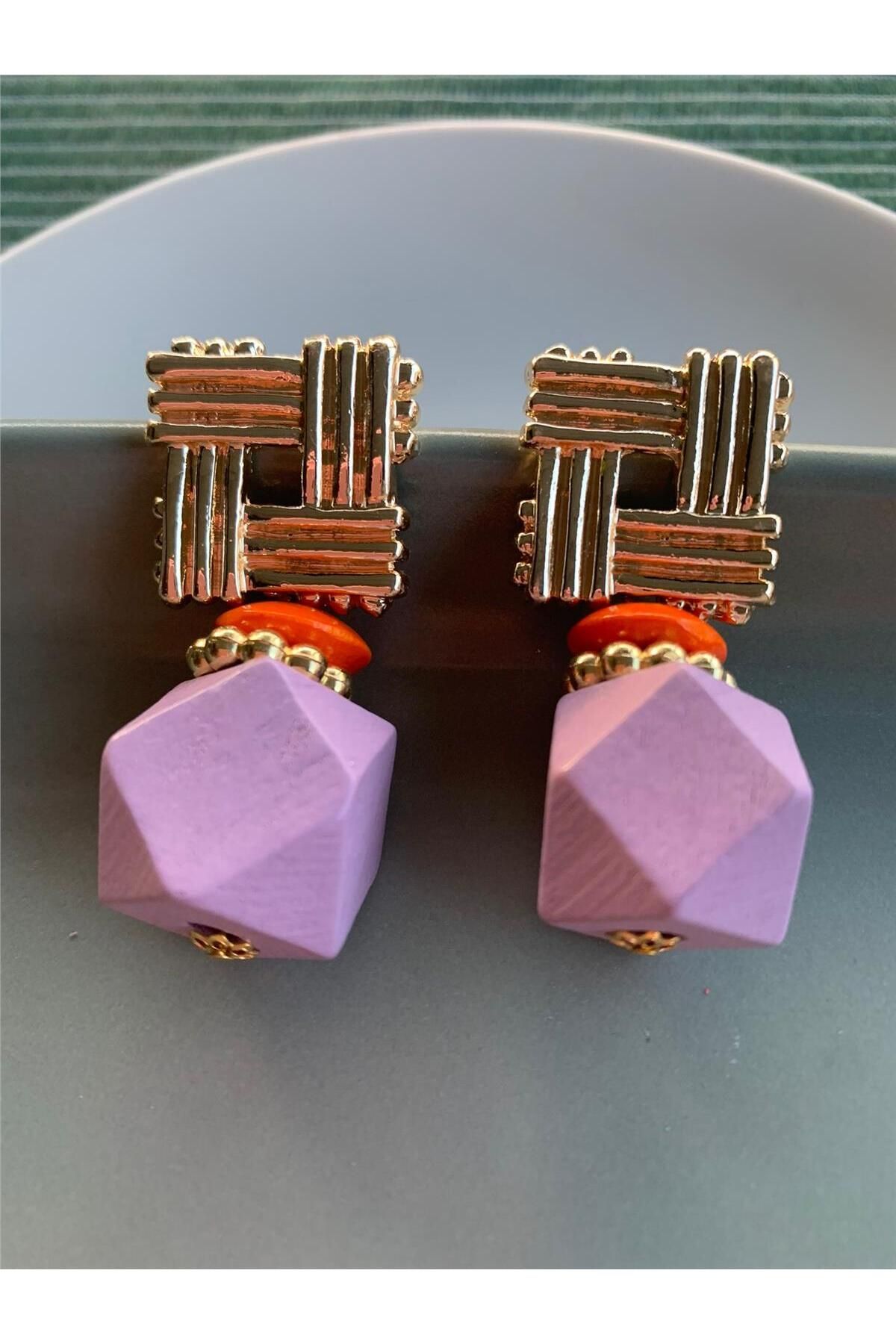 Pelin Aksesuar Lilac Cube and Orange Wooden Square Design Earrings
