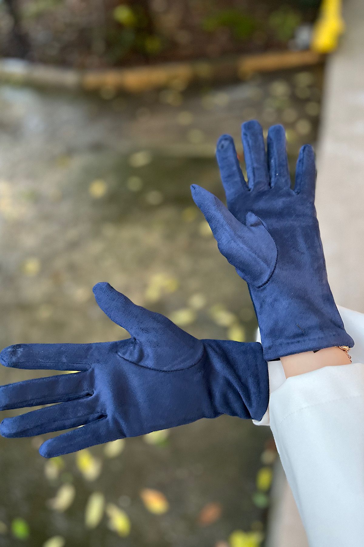 Navy blue leather gloves womens on sale