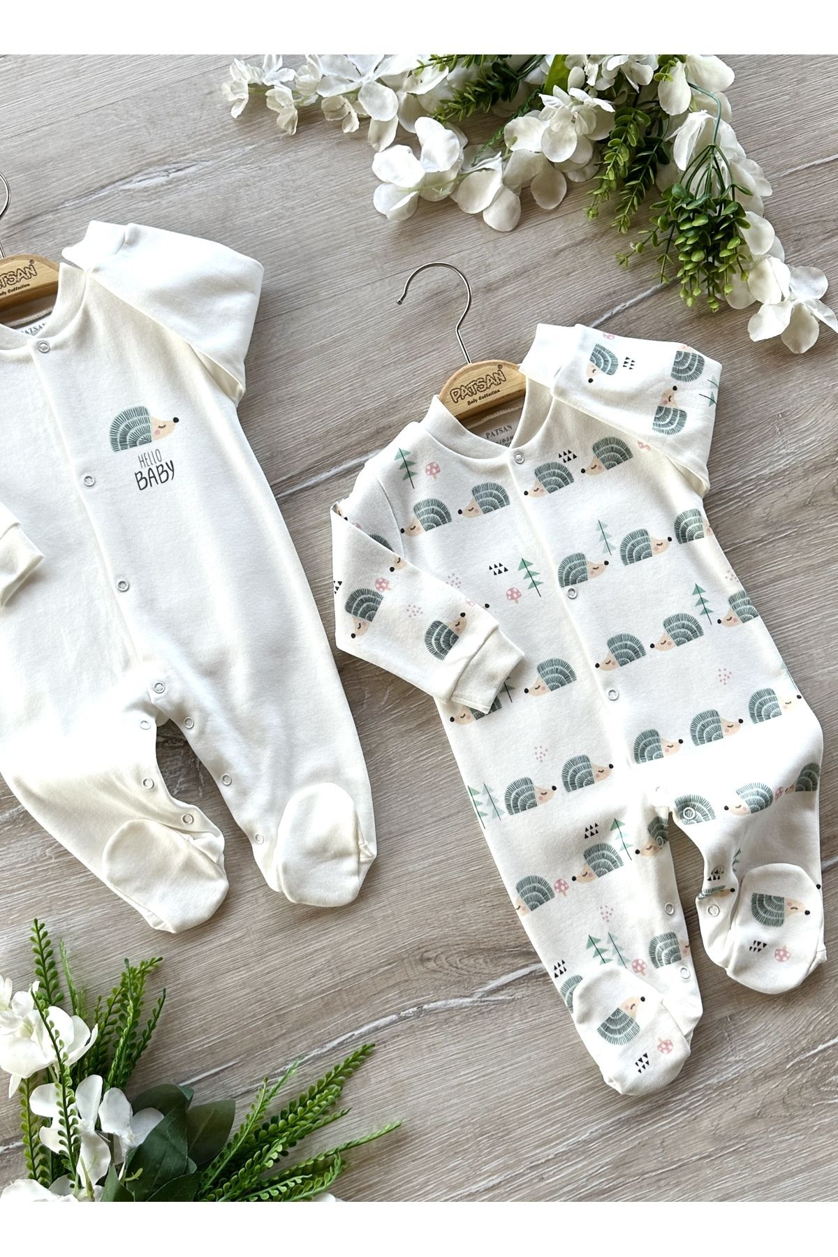 Renkli Puset-Organic Cotton 2-Piece Baby Rompers with Booties Set Hedgehog 2