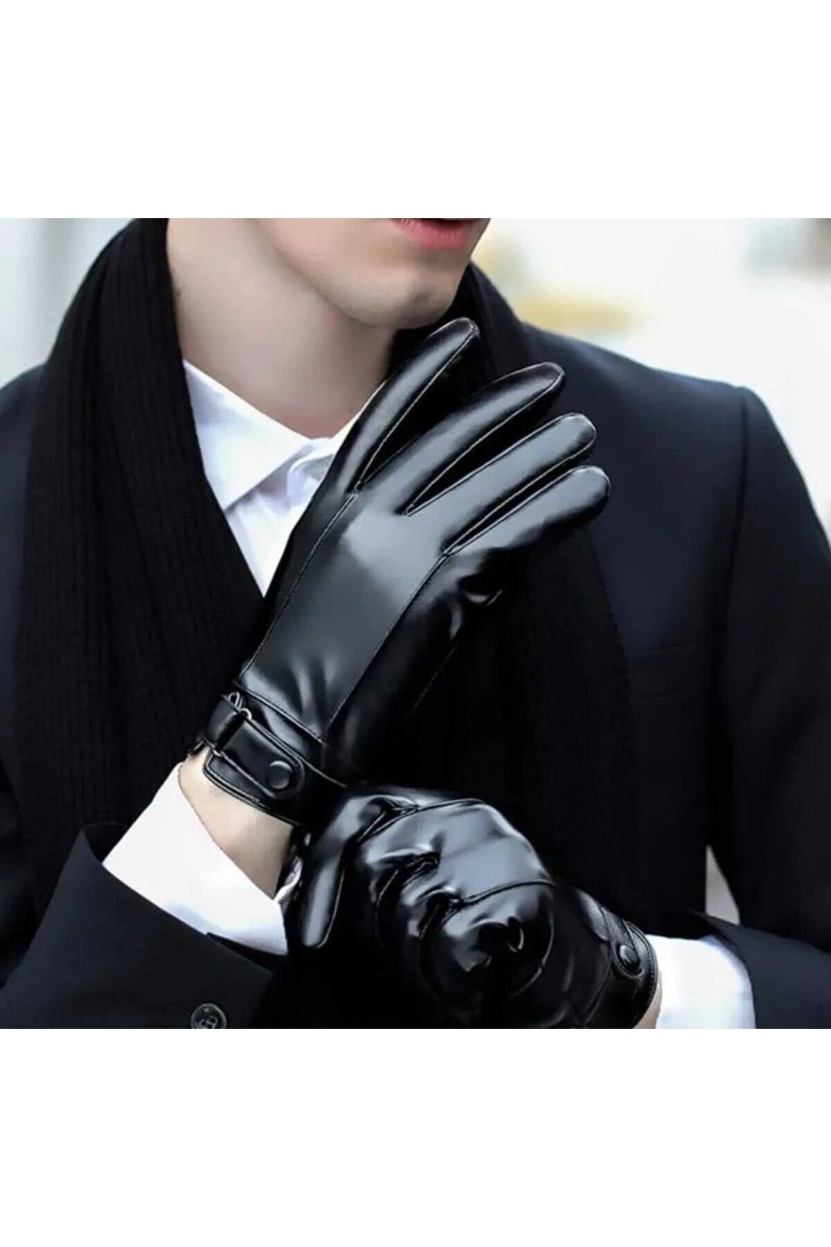 xeox Men s Black Faux Leather Touch Screen Gloves Trendyol