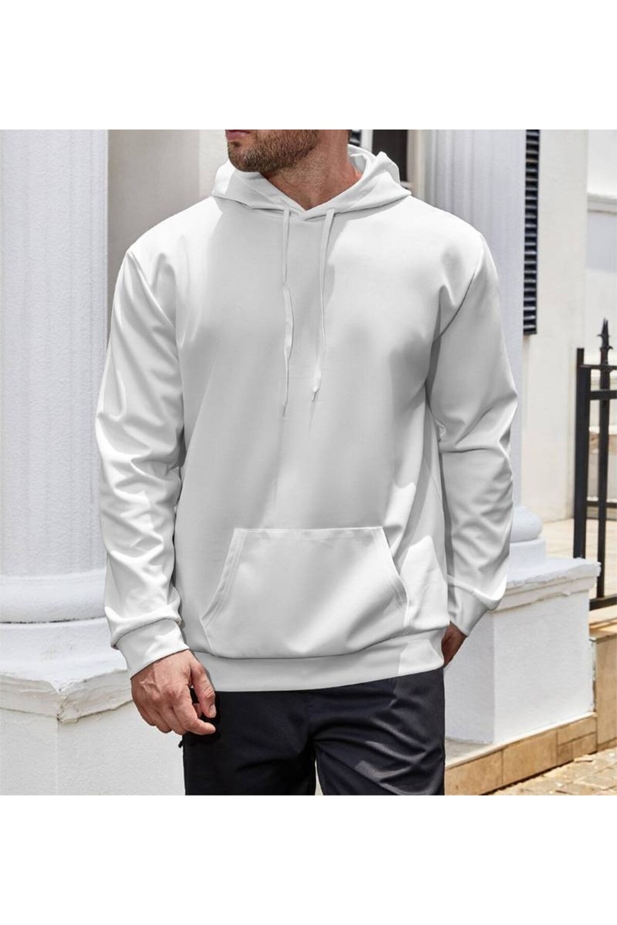 Slim Fit Pamuklu Beyaz Kapüşonlu Sweatshirt