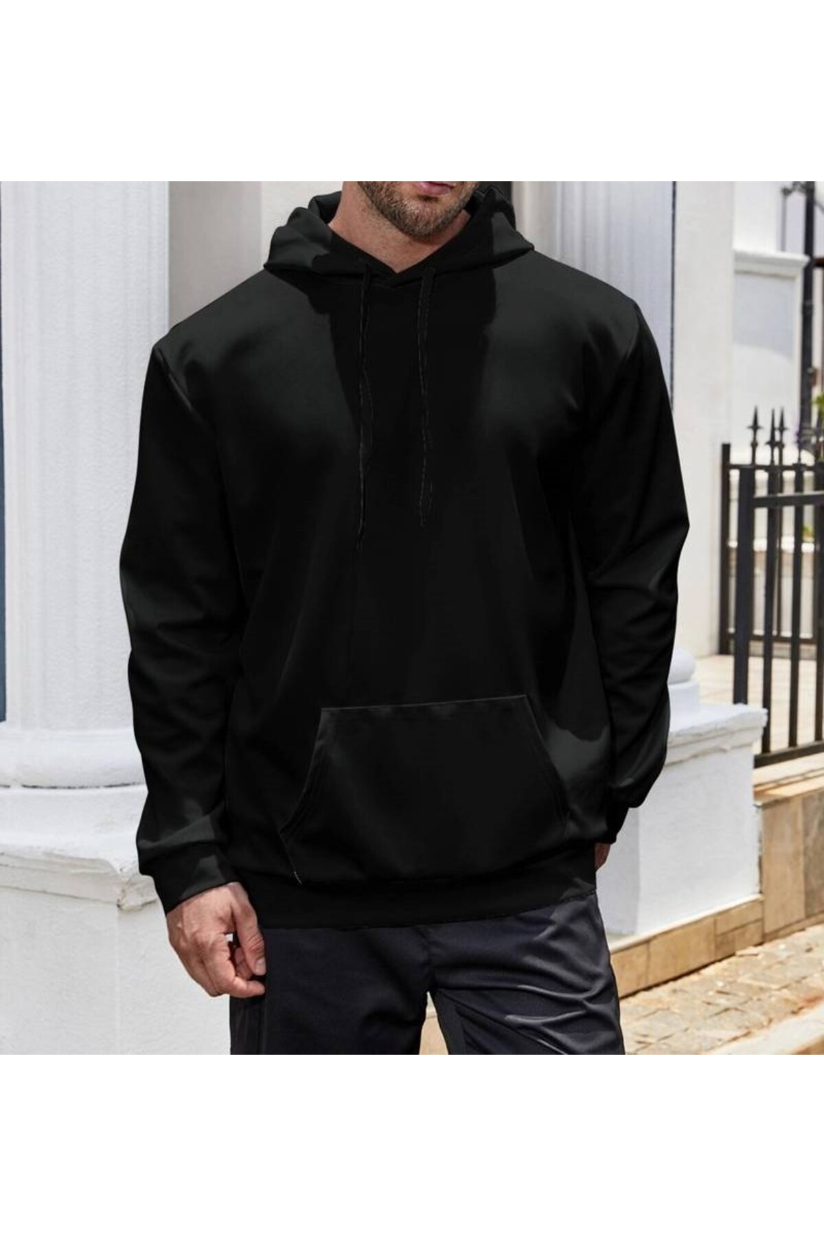 Slim Fit Pamuklu Siyah Kapüşonlu Sweatshirt